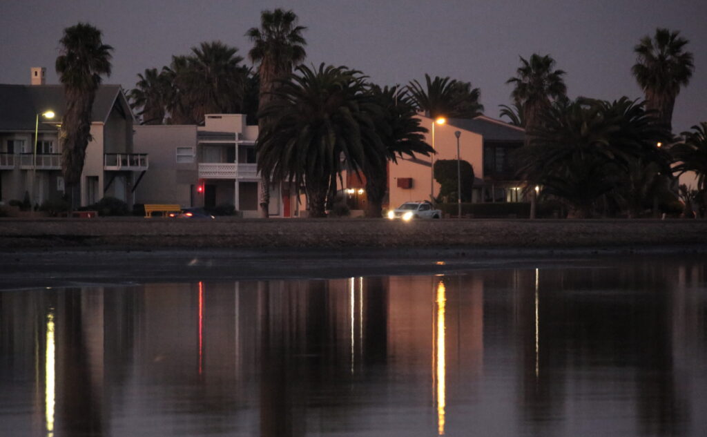 The glassy lagoon early in the morning in Walvis Bay