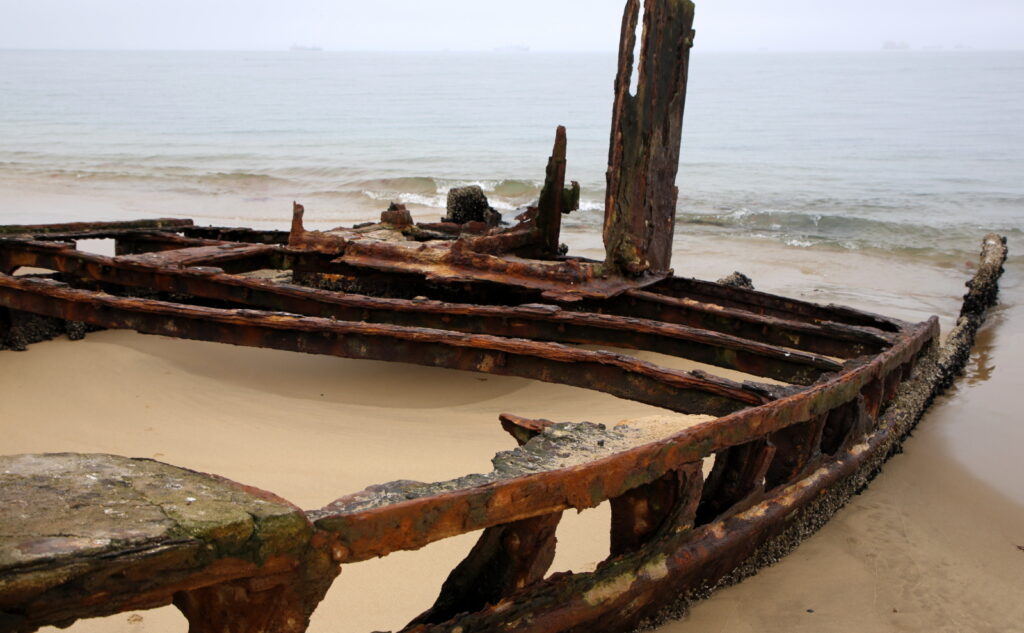 The rotting carcass of a whaler at Pelican Point