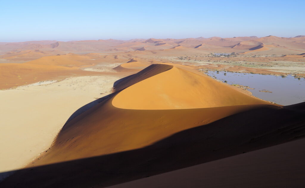 The view from big daddy. Dead vlei on the left, Ostrich vlei on the right, and Sossusvlei off into the distance.